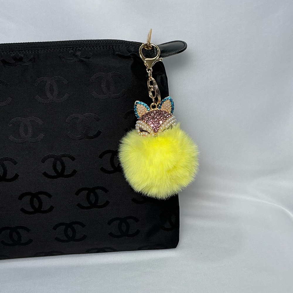 Fabulous Rhinestone fox bag charm Yellow Fox Pom Pom Keychain
